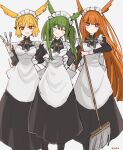  3girls alternate_costume apron artist_name blonde_hair braid bright_pupils dress enmaided fate/grand_order fate_(series) fork geirskogul_(fate) green_hair head_wings long_dress long_hair maid maid_apron maid_headdress multiple_girls olrun_(fate) orange_hair red_eyes rindr_(fate) smile spoon table_knife twintails uhana valkyrie_(fate) white_pupils 