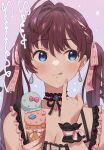  1girl :3 :q absurdres black_choker black_ribbon blue_eyes breasts brown_hair choker cleavage collarbone emu_(emum) food hair_ribbon highres holding holding_food ice_cream ichinose_shiki idolmaster idolmaster_cinderella_girls long_hair looking_to_the_side pink_gemstone pink_ribbon ribbon shiny shiny_hair sleeveless small_breasts solo tongue tongue_out twintails upper_body wrist_cuffs 