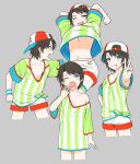  1girl ;d ;o baseball_cap black_hair blue_eyes breasts commentary downblouse fang grey_background grin hat hololive jumping multiple_views noise_(tsuzuki) off_shoulder one_eye_closed oozora_subaru shirt short_hair shorts simple_background skin_fang sleeves_rolled_up smile tears tied_shirt underboob upshirt v virtual_youtuber yawning 