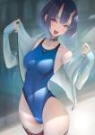  1girl bangs bare_shoulders blue_swimsuit blush bob_cut breasts collarbone covered_navel eyeliner fate/grand_order fate_(series) highleg highleg_swimsuit highres horns imizu_(nitro_unknown) jacket long_sleeves looking_at_viewer makeup medium_breasts off_shoulder one-piece_swimsuit oni oni_horns open_clothes open_jacket open_mouth purple_eyes purple_hair short_hair shuten_douji_(fate) skin-covered_horns smile solo swimsuit thighs white_jacket 