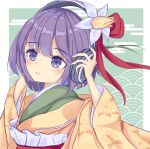  1girl aqpaca closed_mouth commentary_request floral_print flower frilled_skirt frills green_kimono hair_flower hair_ornament hand_on_headset happy headset hieda_no_akyuu highres japanese_clothes kimono layered_clothes layered_kimono long_sleeves pink_hair purple_eyes purple_hair red_ribbon red_skirt ribbon short_hair skirt smile touhou white_flower wide_sleeves yellow_kimono 