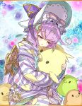  1girl blue_hair bonnet braid copyright_name crescent crescent_hair_ornament gradient_hair hair_ornament hatsuyume_(otogi:spirit_agents) long_sleeves miyoshino multicolored_hair official_art open_mouth otogi:spirit_agents pajamas purple_hair second-party_source solo stuffed_animal stuffed_toy 