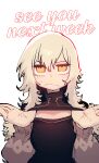 1girl :| absurdres blonde_hair blush cleavage_cutout closed_mouth clothing_cutout copyright_request english_text highres jitome looking_at_viewer orange_eyes simple_background solo ssambatea upper_body white_background 