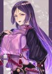  1girl :d bangs breasts cowboy_shot fate/grand_order fate_(series) floral_print highres japanese_clothes large_breasts long_hair mature_female minamoto_no_raikou_(fate) parted_bangs purple_eyes purple_hair smile solo tassel xero 