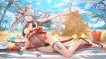  1girl absurdres azur_lane beach bibimbub black_nails breasts commentary english_commentary grey_eyes grey_hair hair_ornament hakuryuu_(azur_lane) highres horns katana large_breasts long_hair looking_at_viewer nail_polish official_art outdoors outstretched_arm parted_lips sand_castle sand_sculpture sandals sideboob single_thighhigh smile solo sword thigh_strap thighhighs water weapon 