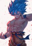  1boy abs arm_up biceps blue_eyes blue_hair blue_wristband commentary_request dragon_ball dragon_ball_super hair_between_eyes looking_at_viewer male_focus mattari_illust muscular muscular_male nipples sash scar serious simple_background smile smug solo son_goku spiked_hair super_saiyan super_saiyan_blue topless_male torn_clothes twitter_username white_background 