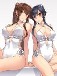  2girls abo_(hechouchou) bare_arms bare_legs bare_shoulders black_hair blush breasts brown_eyes brown_hair closed_mouth collarbone cosplay earrings hair_between_eyes jewelry kantai_collection large_breasts long_hair medium_breasts multiple_girls open_mouth ponytail sagiri_(kancolle) sagiri_(kancolle)_(cosplay) swimsuit very_long_hair white_swimsuit yahagi_(kancolle) yamato_(kancolle) 