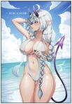  1girl aelion_draws ass_visible_through_thighs bare_arms bare_shoulders bird border braid breasts cleavage cloud collarbone cowboy_shot demon_girl demon_horns demon_tail english_commentary grey_hair hand_up highleg highleg_swimsuit highres holding horns large_breasts long_hair looking_to_the_side navel ocean original outdoors parted_lips patreon_username pointy_ears pointy_nose purple_eyes revealing_clothes shadow shiny shiny_skin signature sky solo sparkle swimsuit tail thick_thighs thigh_gap thighs twin_braids very_long_hair white_border 