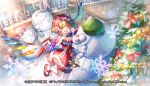  1girl adapted_costume belt blonde_hair brick_wall brown_belt capelet caperata_(towahuyu) christmas_ornaments christmas_tree commentary_request crystal dress flandre_scarlet hat hong_meiling izayoi_sakuya mittens official_art open_mouth pine_tree pom_pom_(clothes) red_capelet red_dress red_eyes red_footwear remilia_scarlet short_hair snow snowman touhou translation_request tree white_mittens wings 