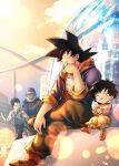 1girl 3boys black_hair casual child commentary_request crossed_legs dragon_ball dragon_ball_super eating father_and_son food food_on_face fountain grandfather_and_granddaughter highres holding holding_food hood hoodie ice_cream mattari_illust multiple_boys namekian pan_(dragon_ball) piccolo pointy_ears semi-rimless_eyewear sitting son_gohan son_goku spiked_hair standing sweatdrop tongue tongue_out twitter_username 