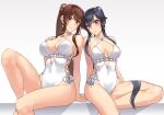  2girls abo_(hechouchou) anchor bare_arms bare_legs bare_shoulders black_hair blush breasts brown_eyes brown_hair casual_one-piece_swimsuit choker closed_mouth collarbone cosplay criss-cross_halter earrings flower frilled_swimsuit frills hair_between_eyes hair_flower hair_ornament hairband halterneck highleg highleg_swimsuit jewelry kantai_collection large_breasts long_hair matching_outfit medium_breasts multiple_girls one-piece_swimsuit open_mouth ponytail sagiri_(kancolle) sagiri_(kancolle)_(cosplay) side-tie_swimsuit swimsuit very_long_hair white_choker white_swimsuit yahagi_(kancolle) yamato_(kancolle) 