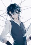  1boy bishounen black_hair buttons fushimi_saruhiko glasses hair_between_eyes highres k_(anime) looking_at_viewer male_focus shenron14437 shirt solo standing upper_body 