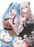  2girls :3 absurdres ahoge animal_ear_fluff animal_ears black_ribbon black_vest blue_hair breasts brown_dress cleavage collared_shirt daifuku_(yukihana_lamy) dress ear_piercing elf fang grey_eyes hair_between_eyes hair_ribbon highres holding holding_ribbon hololive jewelry lion_ears long_hair long_sleeves looking_away multicolored_hair multiple_girls neck_ribbon necklace open_mouth piercing pointy_ears red_ribbon ribbon shirt shishiro_botan short_sleeves simple_background ssrb streaked_hair twintails vest virtual_youtuber wanne white_background white_hair white_shirt yukihana_lamy 