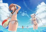  4girls amatsukaze_(kancolle) ball bare_arms bare_legs bare_shoulders beachball bikini black_hair brown_eyes brown_hair cloud cloudy_sky day hair_between_eyes hair_tubes hatsukaze_(kancolle) highres holding holding_ball holding_beachball holding_water_gun kantai_collection long_hair multiple_girls navel ocean one_eye_closed open_mouth short_hair short_hair_with_long_locks sidelocks sky smile striped striped_bikini swimsuit tokitsukaze_(kancolle) two_side_up water water_gun white_bikini white_hair windsock yuki_4040 yukikaze_(kancolle) yukikaze_kai_ni_(kancolle) 