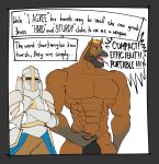  abs absurd_res anthro armor beard biceps big_bulge blonde_hair brown_body brown_eyes brown_fur bulge clothed clothing comic crossed_arms da3rd digital_media_(artwork) duo english_text equid equine facial_hair fur hair headgear helmet hi_res horse huge_bulge human male mammal muscular muscular_anthro muscular_male open_mouth pecs simple_background speech_bubble teeth text 