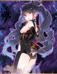  1girl black_hair gloves kiya_machi long_hair looking_at_viewer looking_down looking_to_the_side magatsuhi_(otogi:spirit_agents) official_art otogi:spirit_agents purple_background purple_theme red_eyes revealing_clothes second-party_source smile solo teeth twintails wavy_hair 