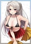  1girl :d bikini bikini_top_only black_bikini blush breasts comiket_100 commentary_request conte_di_cavour_(kancolle) cowboy_shot front-tie_bikini front-tie_top grey_hair highres kantai_collection large_breasts long_hair looking_at_viewer navel pleated_skirt pom_pom_(cheerleading) purple_eyes red_skirt skirt smile solo starry_background swimsuit toriniku_senshi_chikinman white_background 