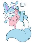  absurd_res blush clothed clothing eeveelution english_text female feral genitals hi_res jitterclaws leg_markings looking_at_viewer lying markings milk_the_sylveon_(toxicmilkyx) nintendo open_mouth pawpads paws pok&eacute;mon pok&eacute;mon_(species) purple_eyes pussy simple_background socks_(marking) solo sylveon text trans_(lore) video_games white_background white_body 