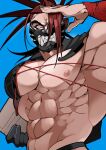  1boy abs angry bangs bara biceps brown_hair commentary_request fate/grand_order fate_(series) hair_over_one_eye hakama highres igote japanese_clothes large_pectorals long_hair looking_at_viewer male_focus mask muscular muscular_male pectorals shiba_ten solo spiked_hair stomach tanaka_shinbei_(fate) 