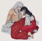  1boy 1girl animal_ears armpits bangs bare_pectorals barefoot bead_necklace beads bishounen black_hair blush collarbone commentary_request dog_boy dog_ears finger_to_another&#039;s_mouth grey_background hakama hakama_pants highres higurashi_kagome inuyasha inuyasha_(character) japanese_clothes jewelry lips long_hair looking_at_another male_focus miko motobi_(mtb_umk) muscular navel necklace pants pectorals red_hakama sidelocks simple_background sitting socks sweatdrop topless_male very_long_hair wariza white_hair wide_sleeves yellow_eyes 
