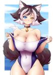  1girl animal_ear_fluff animal_ears bare_shoulders bell black_hair blue_eyes breasts cat_ears cat_girl cleavage closed_mouth clothes_pull collar collarbone covered_navel cowboy_shot heterochromia highres jingle_bell kat_(mazume) large_breasts looking_at_viewer mazume multicolored_hair neck_bell one-piece_swimsuit original short_hair solo streaked_hair swimsuit swimsuit_pull two-tone_hair white_hair yellow_eyes 