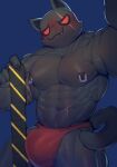  :3 abs absurd_res anthro areola black_body black_fur blush blush_lines bulge claws claws_out clothing condom condom_packet_strip curled_tail cydonia_xia domestic_cat epic_games felid feline felis fortnite fur hi_res male mammal meowscles meowscles_(shadow) muscular muscular_anthro muscular_male navel nipple_piercing nipples piercing red_clothing red_eyes red_underwear scar scratches sexual_barrier_device smile smiling_at_viewer solo tail_curl tail_curled underwear veiny_muscles video_games 