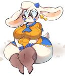  2022 5_fingers anthro bell big_breasts blue_horn bovid breasts caprine chubby_anthro chubby_female clothed clothing ear_piercing eyewear female fingers fur glasses goat hi_res horn huge_breasts huge_thighs kirani_art long_ears mammal piercing quest_goat_(kiseff) simple_background solo thick_thighs white_body white_fur wide_hips 