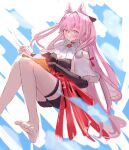  1girl animal_ear_fluff animal_ears ark_bone arknights black_gloves black_shirt black_shorts blue_background book breasts cleavage foot_out_of_frame gloves hair_intakes hair_ornament holding long_hair looking_at_viewer open_book pink_eyes pink_hair pozyomka_(arknights) shirt shorts simple_background single_glove sketch small_breasts solo wolf_ears wolf_girl 