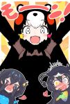  3girls animal_ears arms_up bear_ears bear_girl bird_girl bird_wings black_cape black_dress black_fur black_gloves black_hair black_headwear black_sweater blue_eyes blue_hair blush bow bowtie cabbie_hat cape chibi_kumamon_(kemono_friends) commentary_request covering_face dress elbow_gloves fur_trim gloves grey_eyes hair_ornament hat head_wings heart heart_hair_ornament kemono_friends kitsunetsuki_itsuki long_hair long_sleeves looking_at_viewer mismatched_pupils multicolored_hair multiple_girls nose_blush open_mouth red_hair see-through sidelocks smile star_(symbol) star_hair_ornament superb_bird-of-paradise_(kemono_friends) sweater western_parotia_(kemono_friends) white_hair wings 