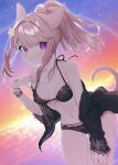  1girl :3 animal_ears avatar_(ff14) bikini black_bikini black_shirt blue_sky bracelet breasts cat_ears cat_girl cat_tail clothes_down final_fantasy final_fantasy_xiv flower funa_(sakana) gold hair_flower hair_ornament hand_on_own_thigh highres jewelry light_brown_hair long_hair long_sleeves looking_at_viewer miqo&#039;te navel open_clothes open_shirt ponytail purple_eyes shirt sky small_breasts smile star_(sky) starry_sky swimsuit tail twilight 