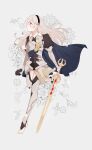  1girl armor armored_dress bangs barefoot black_gloves black_hairband blue_cape cape commentary_request corrin_(fire_emblem) corrin_(fire_emblem)_(female) fffera fire_emblem fire_emblem_fates floating_hair floral_background full_body gauntlets gloves grey_hair hairband highres holding holding_sword holding_weapon korean_commentary long_hair looking_away pointy_ears profile puffy_sleeves red_eyes solo sword toes weapon white_background yato_(fire_emblem) 