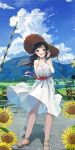  1girl :d absurdres black_hair blue_eyes blue_sky cloud collarbone commentary_request day dress full_body hat highres long_hair mountain open_mouth original outdoors railroad_crossing rice_paddy sakatsuki_yakumo scenery shadow sky sleeveless sleeveless_dress smile solo standing straw_hat summer white_dress 