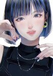  1girl black_shirt blue_hair bob_cut chest_harness ear_piercing earrings eyelashes hands_up harness head_tilt highres jewelry looking_at_viewer medium_hair nail_art original parted_lips piercing purple_eyes shirt simple_background smile solo tsunko_(9v2_q) white_background 