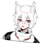  1641_(chfhrtor94) 1girl animal_ear_fluff animal_ears bangs closed_mouth hair_between_eyes highres inubashiri_momiji red_eyes shirt short_hair simple_background tongue tongue_out touhou upper_body white_background white_hair white_shirt wolf_ears wolf_girl 