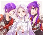  1boy 1girl 1other :d armor arval_(fire_emblem) breasts cleavage collarbone commentary dress earrings fire_emblem fire_emblem:_three_houses fire_emblem_warriors:_three_hopes forehead grey_background hair_over_one_eye jewelry long_hair looking_at_viewer open_mouth purple_eyes purple_hair shez_(fire_emblem) shez_(fire_emblem)_(female) shez_(fire_emblem)_(male) short_hair shoulder_armor smile white_dress white_hair yutohiroya 