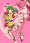  2girls bare_shoulders blush bow bracelet commission cosplay costume_switch dancer dress ebinku embarrassed fire_emblem fire_emblem:_genealogy_of_the_holy_war fire_emblem:_mystery_of_the_emblem fire_emblem_heroes green_eyes green_hair grin hair_bow highres jewelry leg_up lene_(fire_emblem) lene_(fire_emblem)_(cosplay) long_hair looking_at_viewer multiple_girls pelvic_curtain phina_(fire_emblem) phina_(fire_emblem)_(cosplay) pink_background pink_eyes pink_hair ponytail revealing_clothes short_dress short_sleeves shoulder_blades simple_background smile thigh_strap very_long_hair 