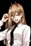  +_+ 1girl black_background black_necktie blonde_hair chainsaw_man collared_shirt fingernails hand_up highres horns hoshi_san_3 long_hair long_sleeves looking_at_viewer nail_polish necktie open_mouth power_(chainsaw_man) red_nails shirt simple_background smile solo upper_body white_shirt wing_collar 