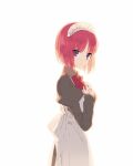  1girl apron bangs blue_eyes bow bowtie closed_mouth from_side hands_on_own_chest highres hisui_(tsukihime) juliet_sleeves long_sleeves looking_at_viewer maid maid_headdress matsuoka_(mtok_0) own_hands_together pink_hair puffy_sleeves red_bow red_bowtie short_hair simple_background solo standing tsukihime white_apron white_background 
