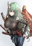  1girl absurdres arknights bangs black_shirt blue_pants breasts clothing_cutout cowboy_shot green_hair grey_background highres horns hoshiguma_(arknights) hoshiguma_(patrolling_ronin)_(arknights) katana large_breasts long_hair long_sleeves looking_at_viewer mask official_alternate_costume oni_mask pants parted_lips poni_(poni_arknights) shirt shoulder_cutout single_horn smile solo standing sword very_long_hair weapon yellow_eyes 