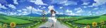  1girl :d absurdres black_hair blue_eyes blue_sky cloud collarbone commentary_request day dress hat highres long_hair mountain open_mouth original outdoors power_lines railroad_crossing rice_paddy road sakatsuki_yakumo scenery shadow sky sleeveless sleeveless_dress smile solo standing straw_hat summer utility_pole white_dress wide_shot 