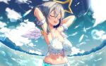  1girl amane_kanata angel_wings armband armpits arms_behind_back bikini blue_hair breasts closed_eyes cloud collarbone colored_inner_hair dongchuan feathered_wings grey_hair groin highres hololive midriff multicolored_hair navel open_mouth oversized_clothes presenting_armpit short_hair sky small_breasts smile smug solo swimsuit virtual_youtuber water wings 