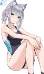  1girl absurdres animal_ear_fluff animal_ears bangs bare_arms bare_shoulders black_swimsuit blue_archive breasts competition_swimsuit earrings grey_hair halo highres jewelry looking_at_viewer medium_breasts official_alternate_costume one-piece_swimsuit scarlet23i0 shiroko_(blue_archive) shiroko_(swimsuit)_(blue_archive) short_hair short_ponytail simple_background sitting solo swimsuit white_background wolf_ears 