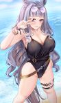  :d animal_ears arm_up armpits bangs belt black_swimsuit blunt_bangs blush bracelet breasts brown-framed_eyewear casual_one-piece_swimsuit cleavage day eyewear_on_head feet_out_of_frame fingernails fukuda_shuushi gold_ship_(run_revolt_launcher)_(umamusume) gold_ship_(umamusume) grey_hair highres horse_ears horse_girl horse_tail jewelry large_breasts long_fingernails long_hair looking_at_viewer nail_polish ocean one-piece_swimsuit outdoors parted_lips pink_nails purple_eyes smile standing sunglasses swimsuit tail thigh_strap umamusume v_over_mouth very_long_hair water 