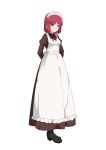  1girl absurdres apron arms_behind_back azami_masurao bangs black_footwear blue_eyes full_body high_heels highres hisui_(tsukihime) juliet_sleeves long_sleeves looking_at_viewer maid maid_headdress open_mouth pink_hair puffy_sleeves short_hair simple_background solo standing tsukihime white_apron white_background 