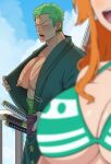  1boy 1girl bara bare_pectorals breasts cloud day earrings green_hair green_kimono highres japanese_clothes jewelry kimono large_breasts large_pectorals long_hair muscular muscular_male nami_(one_piece) nipples niusesabe one_eye_closed one_piece open_clothes open_kimono open_mouth orange_hair outdoors pectorals roronoa_zoro scar scar_across_eye scar_on_chest scar_on_face short_hair sky tongue tongue_out weapon 