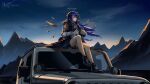  1girl arknights bare_legs black_footwear blue_eyes blue_hair cloud commentary_request demon_horns fur_trim gacha gloves ground_vehicle halo highres horns jacket jeep landscape long_hair mostima_(arknights) motor_vehicle mountain mountainous_horizon nature night night_sky on_vehicle outdoors scenery sitting sky solo white_gloves z_05 
