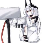  1girl absurdres arknights bare_shoulders black_gloves collar cropped_torso gloves grey_hair hammer highres holding holding_hammer holding_weapon horns infection_monitor_(arknights) long_hair long_sleeves motion_lines mudrock_(arknights) navel parted_lips pointy_ears red_eyes simple_background solo sweatdrop touko_(toko12_tooko) trembling triangle_mouth v-shaped_eyebrows very_long_hair weapon white_background 