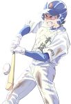  1boy absurdres ace_of_diamond baseball baseball_bat baseball_uniform blue_headwear clenched_teeth dangomochi2 dirty dirty_clothes dirty_face gloves green_hair highres kuramochi_youichi male_focus pants shirt solo sportswear standing sweat teeth white_background white_gloves white_pants white_shirt 