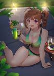  1girl ahoge bikini breasts brown_hair cleavage drill_hair drink gradient_bikini green_bikini highres idolmaster idolmaster_million_live! kamille_(vcx68) looking_at_viewer medium_breasts purple_eyes side_drill side_ponytail sitting solo swimsuit yokoyama_nao yokozuwari 