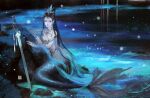  1girl artist_request black_hair expressionless fish_tail full_body highres jewelry long_hair lu_xueqi_(zhu_xian) mermaid monster_girl night night_sky pointy_ears reflection rock sky snowing solo tail third-party_source water zhu_xian 